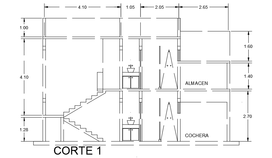 The front side section view of the10x6m architecture house building