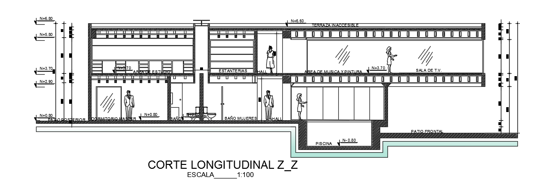 The front side section view of the 14x40m luxury bungalow house building