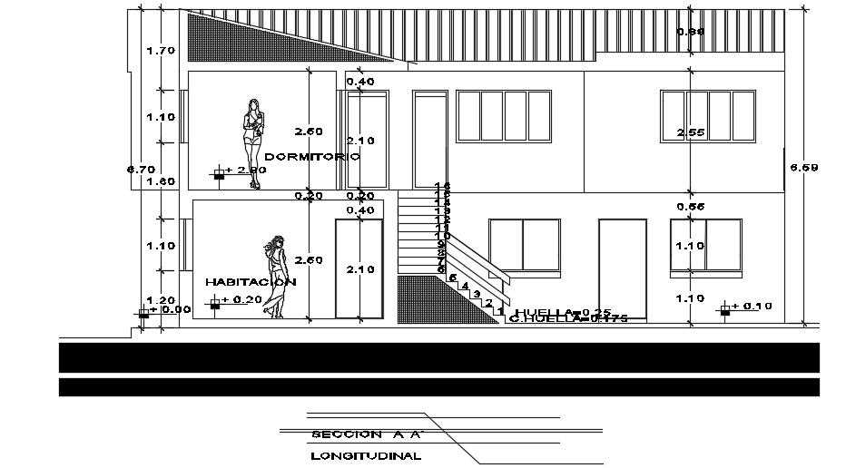 The front side section view of the 15x15m house building