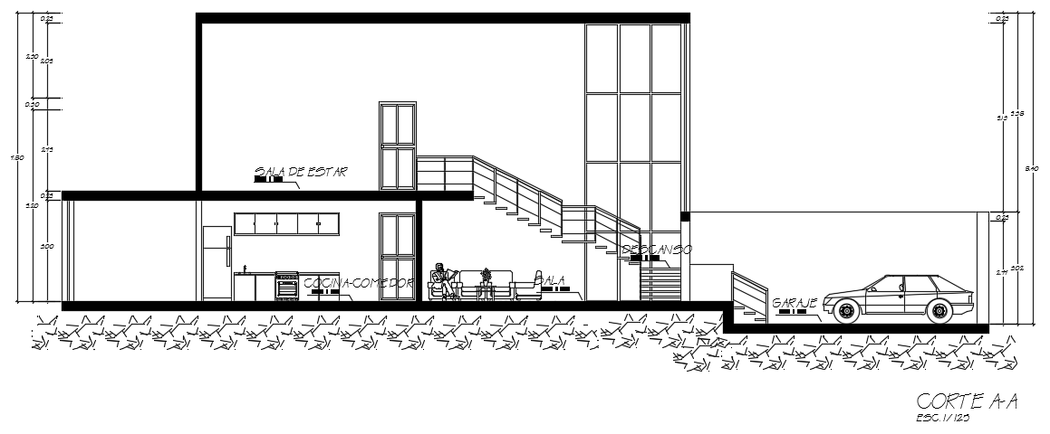 The front side section view of the 25x20m house building AutoCAD drawing
