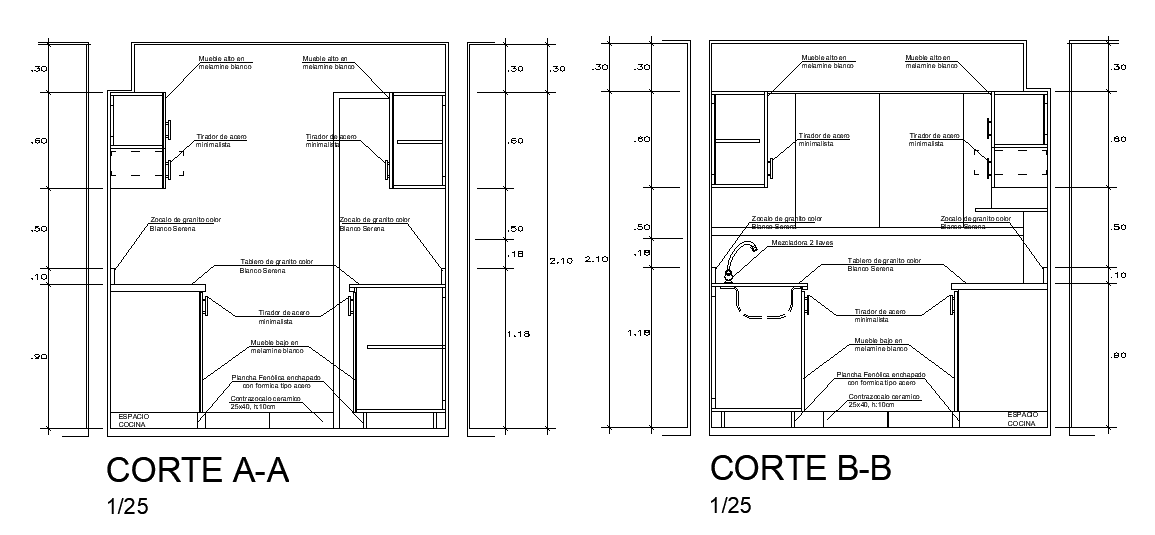 The front side section view of the 2x4.3m kitchen is given in this AutoCAD drawing model. Download now.