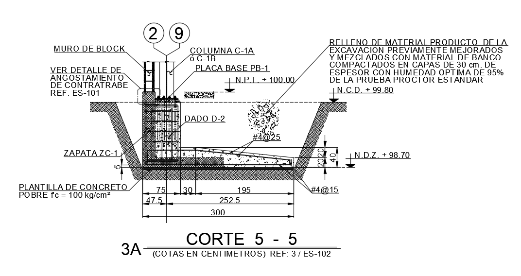 The front side section view of the 300x300mm foundation plan is given in this AutoCAD drawing model.