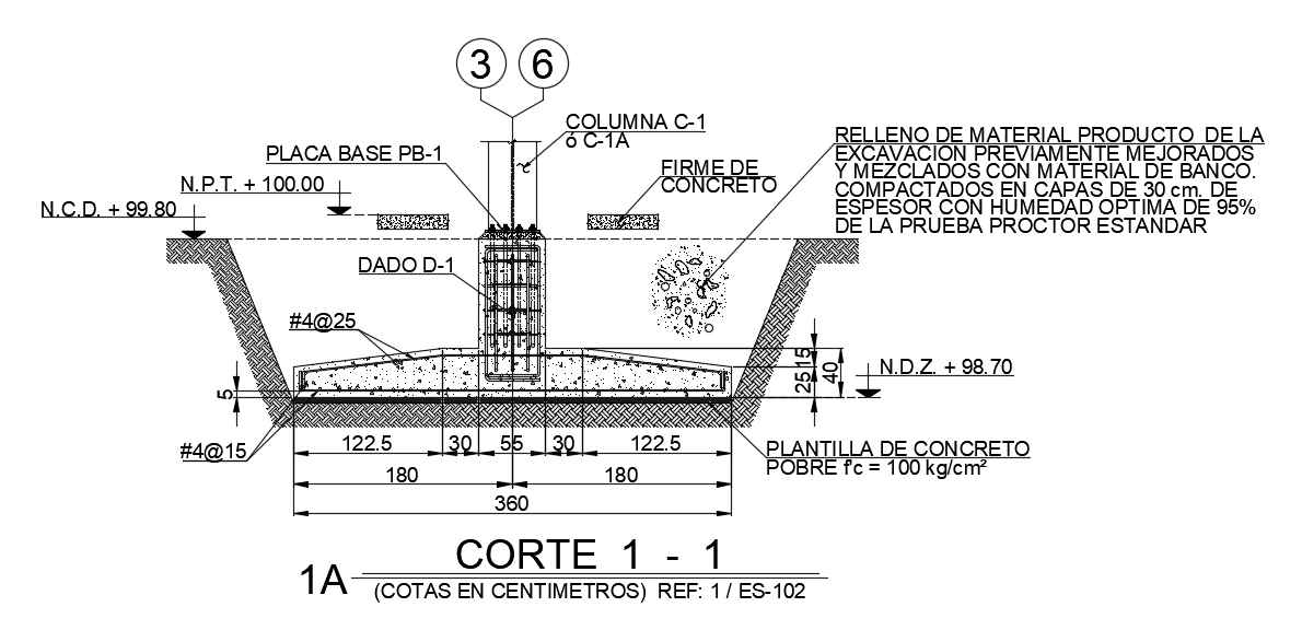 The front side section view of the 360x360mm foundation plan is given in this AutoCAD drawing model. Download now.