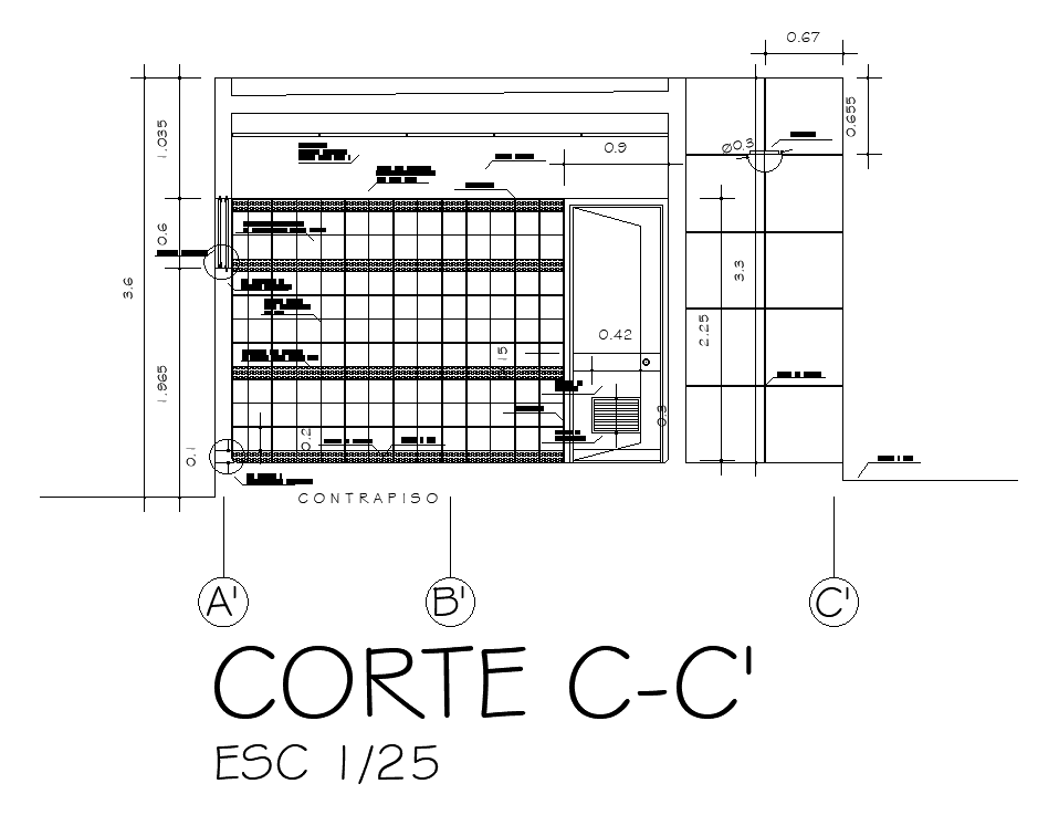 The front side section view of the 5x7m toilet building is given in this AutoCAD 2D model. Download now.