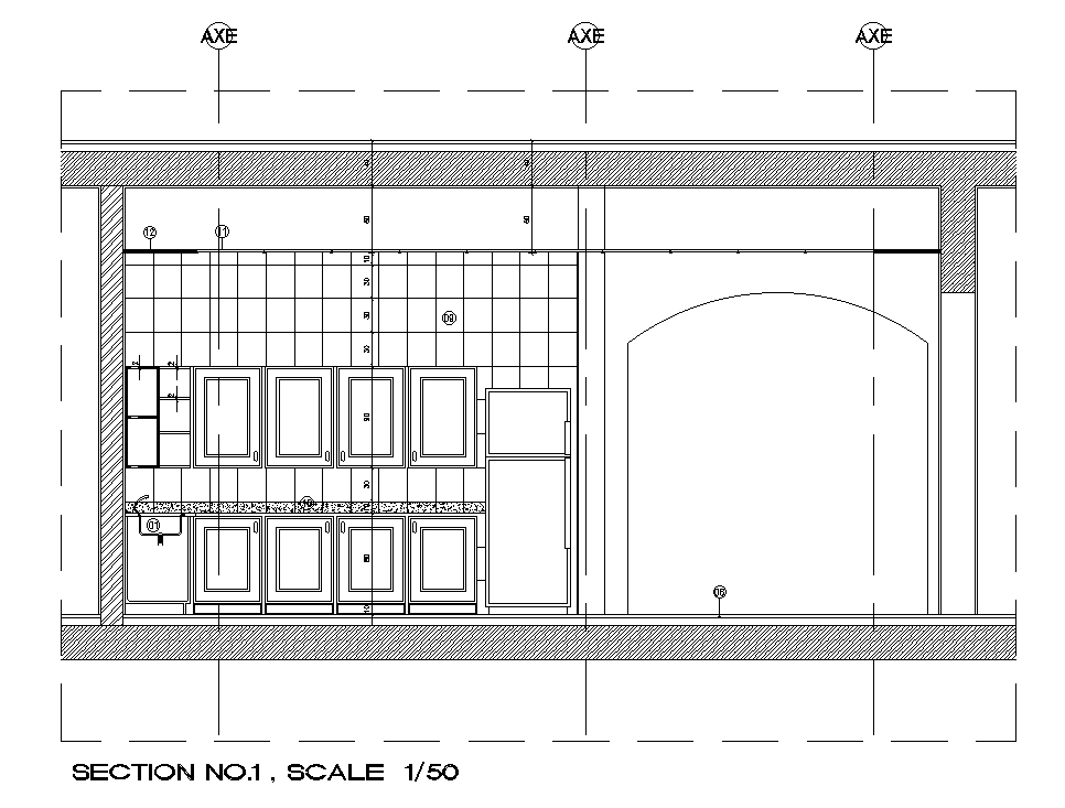 The front side section view of the 748x447cm kitchen building AutoCAD drawing