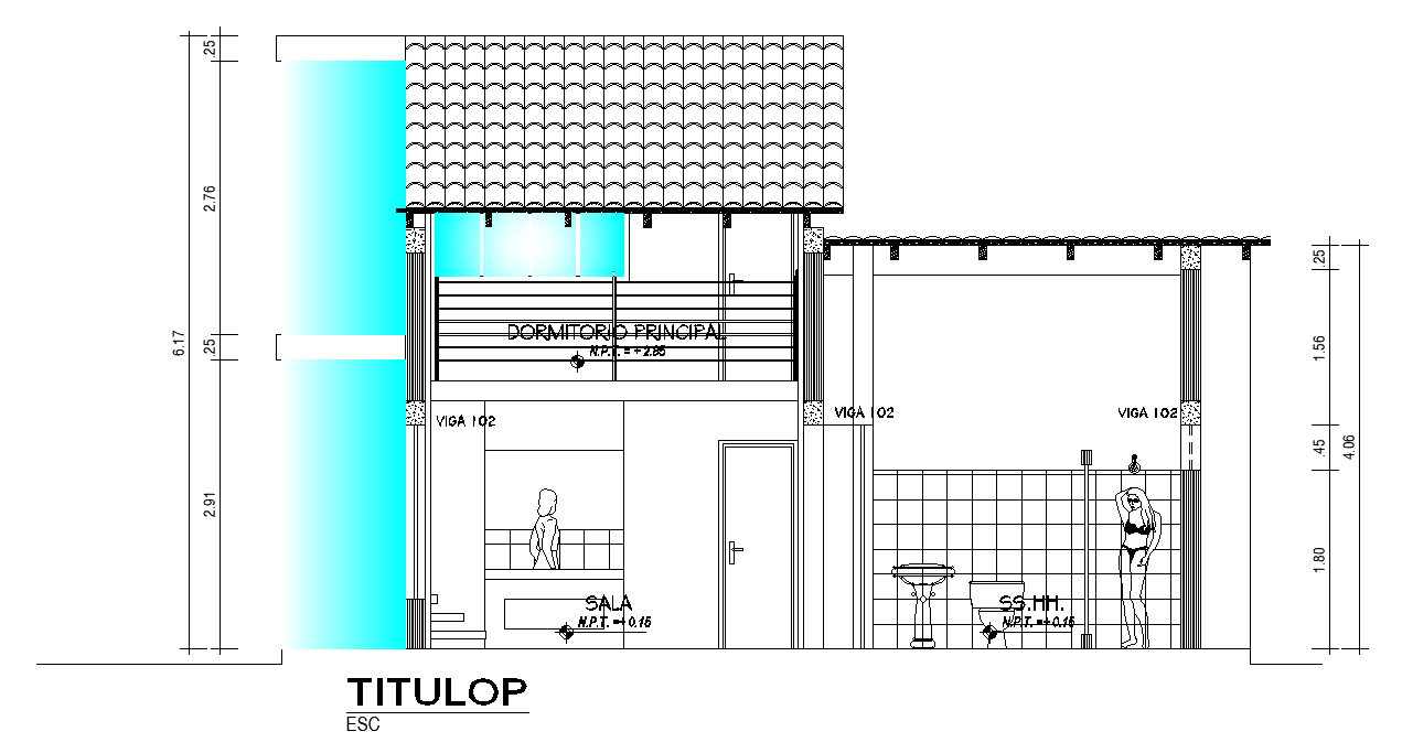 The front side section view of the 8x10m house design is given in this AutoCAD drawing model. Download now.