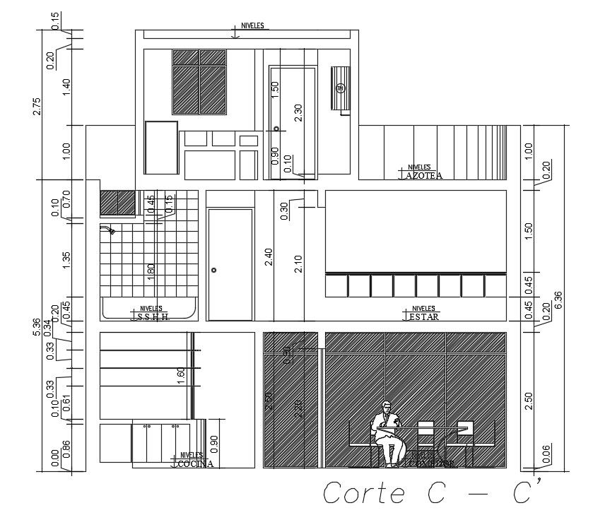 The front side section view of the 8x30m house building has been given in this AutoCAD drawing model.
