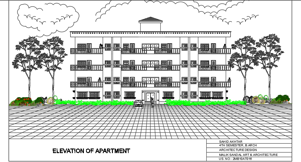 The front view of the 27x20m apartment house building 2d AutoCAD drawing