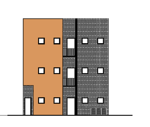 The front view of the 41x36 feet three story house building is given