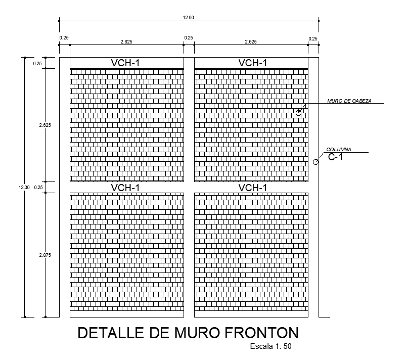The front wall detail of the 12x30m court plan is given in this AutoCAD 2D drawing model. Download now.