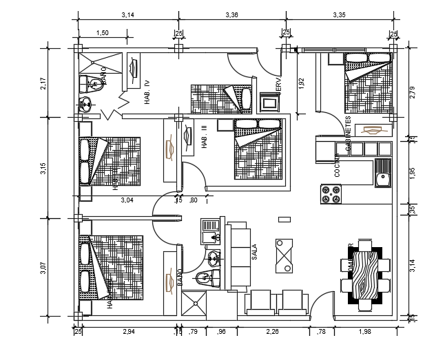 10x9m 5BHK House Plan CAD Drawing with Furniture Layout