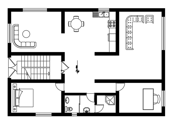 10x15m 1BHK House Ground Floor Furniture AutoCAD Plan