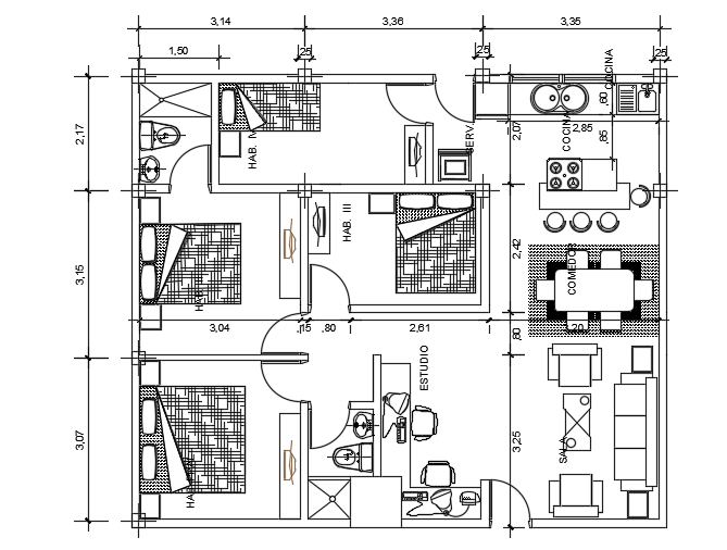 10x9m 4BHK House Room Layout and Furniture CAD Drawing