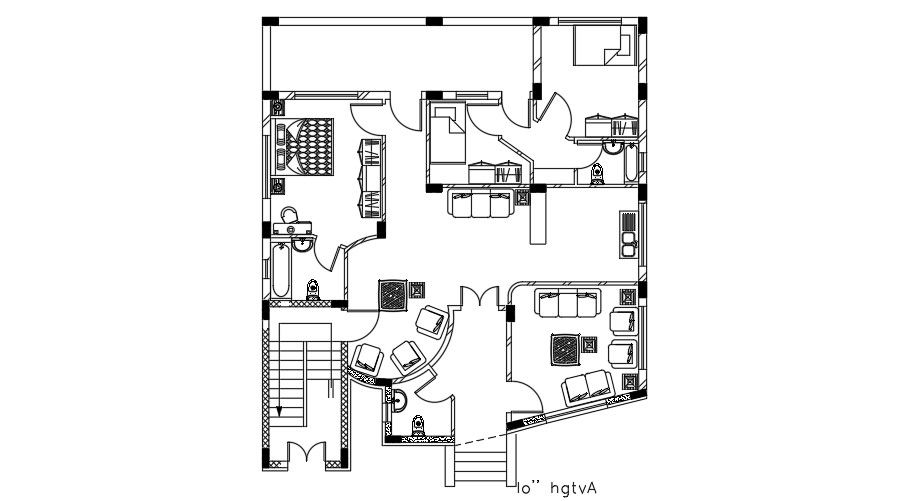 12x14m AutoCAD House Drawing with Furniture Placement