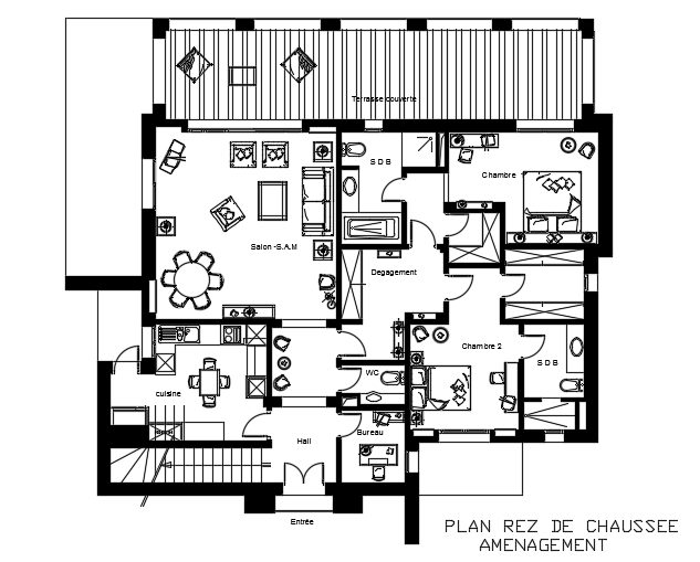 Ground Floor Furniture Layout DWG for 16 × 15 m 3BHK Home