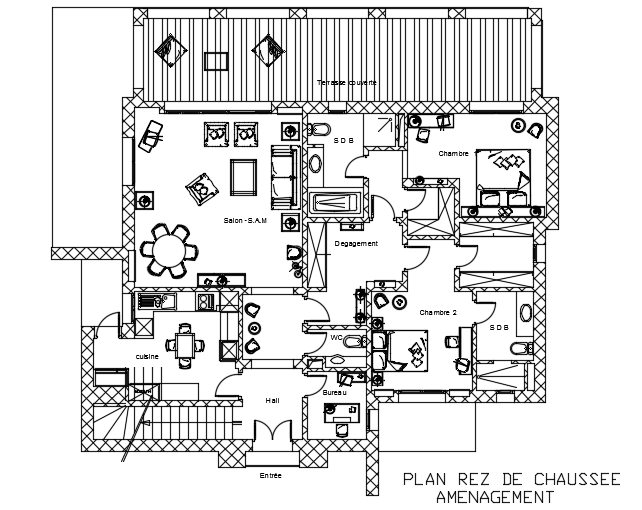 16x15m Ground Floor House Plan with Furniture CAD Layout