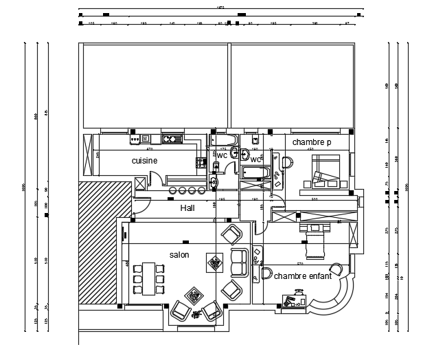 17x17m 2BHK House Plan Furniture Layout AutoCAD Drawing