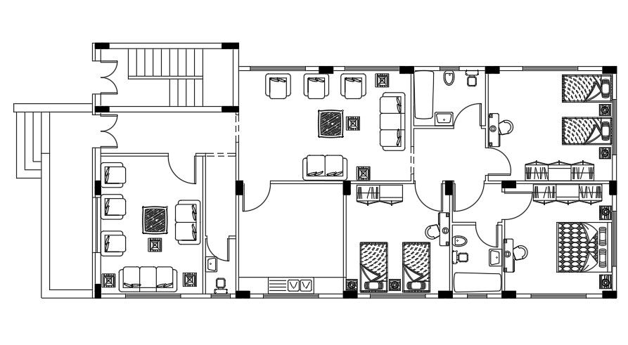 20x9m House Plan: Furniture Layout in AutoCAD Drawing