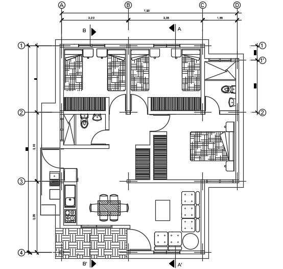 8x10m 3BHK Villa Furniture Layout Plan in AutoCAD DWG file