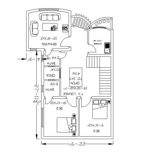 The furniture’s location of the 23’x33’ duplex house plan design