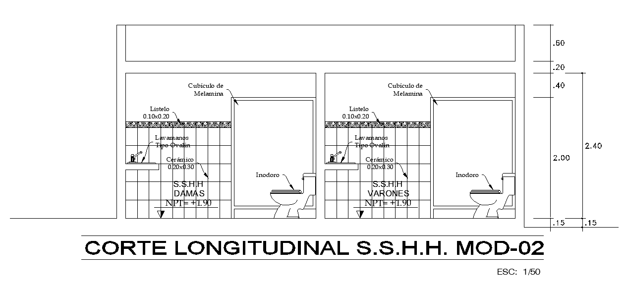 The gent’s and ladies toilet section view is given in this CAD model