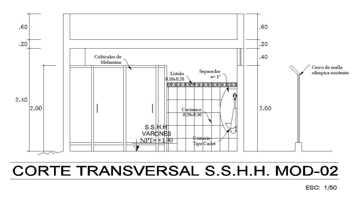 The gent’s toilet section AutoCAD drawing is given in this file