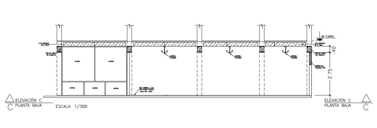 The ground elevation view of the 30x17m hotel building is given in this AutoCAD model.Download now.