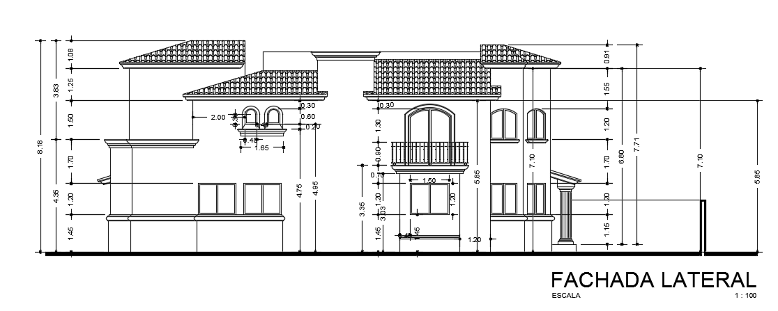 The lateral elevation view of the 14X18m architecture house building cad drawing