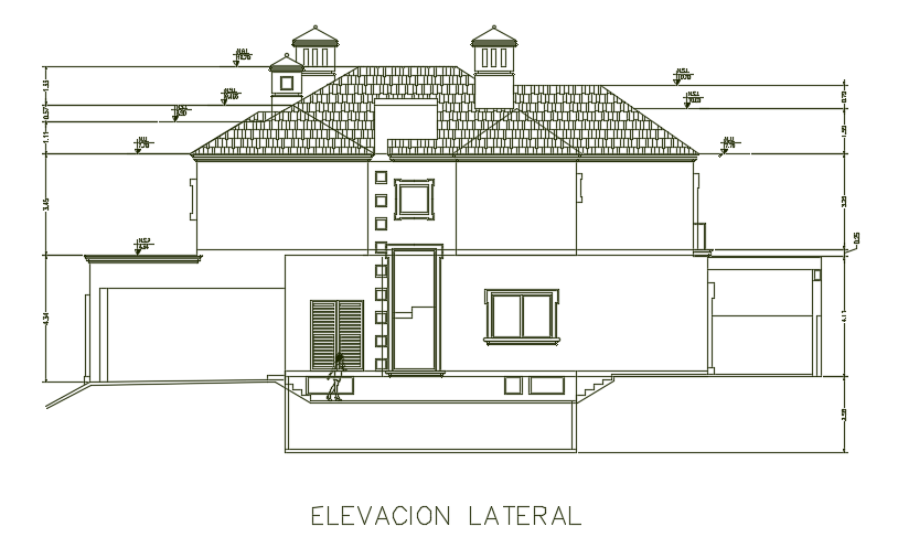 The lateral elevation view of the 16x25m architecture two story residential house building cad drawing