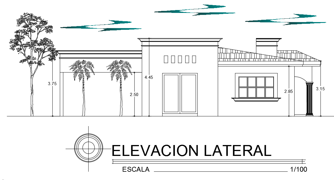 The lateral elevation view of the 22x13m house building