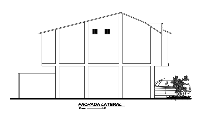 The lateral elevation view of the 6x11m two story residential house building AutoCAD model
