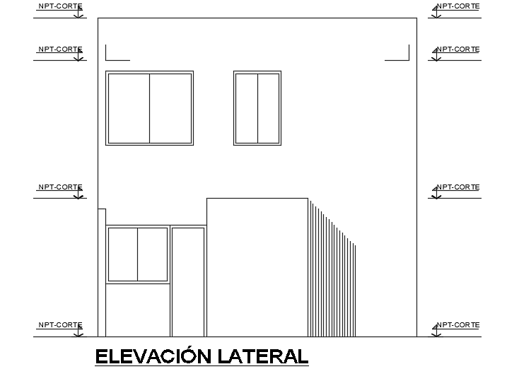 The lateral elevation view of the 6x6m small residential building AutoCAD model