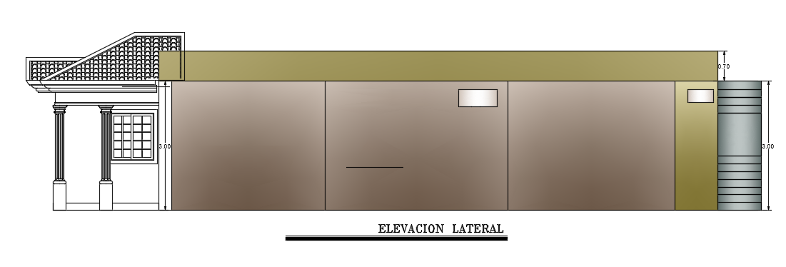 The lateral elevation view of the 8x14m architecture single story house building AutoCAD 2d drawing