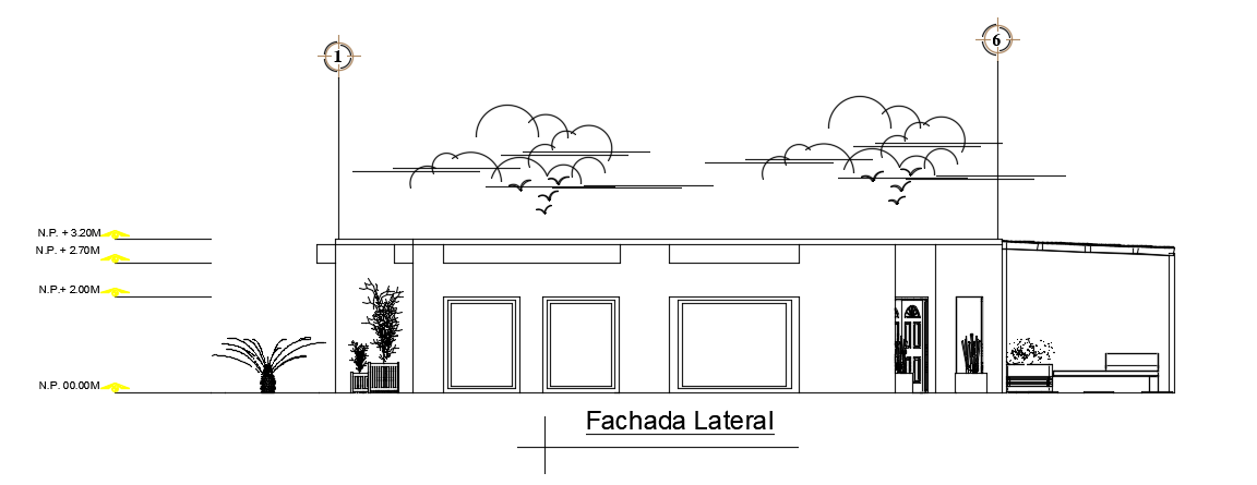 The lateral elevation view of the 9x14m house building is given