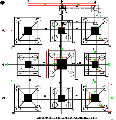 The layout of RCC pile caps for fly ash silds first and second is given in this AutoCAD DWG file.Download the 2D AutoCAD DWG file now.