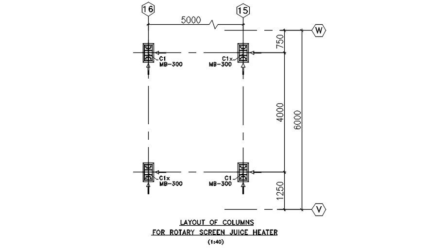 The layout of columns for the rotary screen juice heater is given in this 2D AutoCAD DWG drawing. Download the AutoCAD 2D DWG file. 