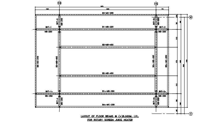 The layout of floor beams for the rotary screen juice heater are given in this 2D AutoCAD DWG drawing. Download the AutoCAD 2D DWG file.