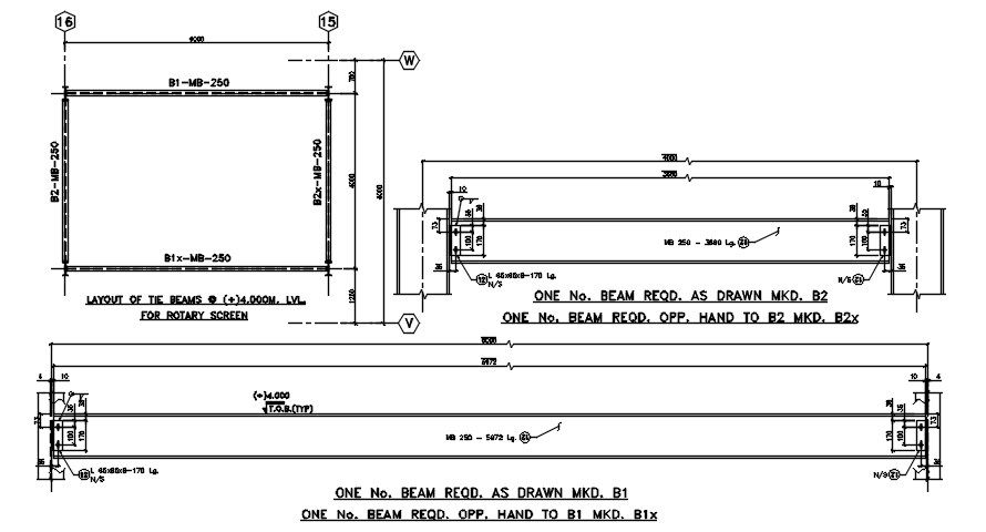 The layout of the beams for rotary screen drawing details are provided in this AutoCAD DWG file. Download the AutoCAD 2D DWG file.