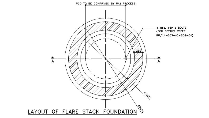 The layout of the flare stack foundation detail drawing specified in this Autocad file. Download this 2d Autocad drawing file.