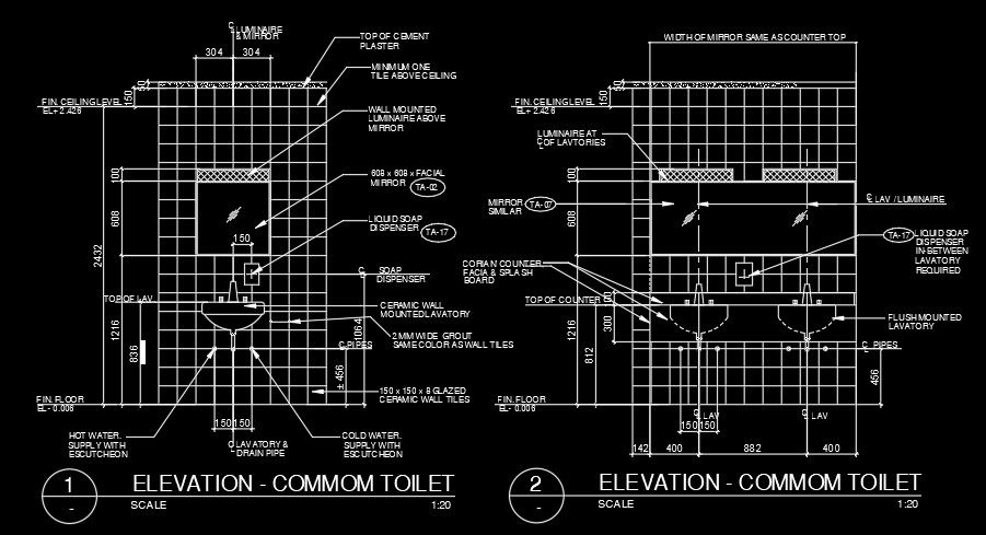 The left and back side elevation view of the common toilet