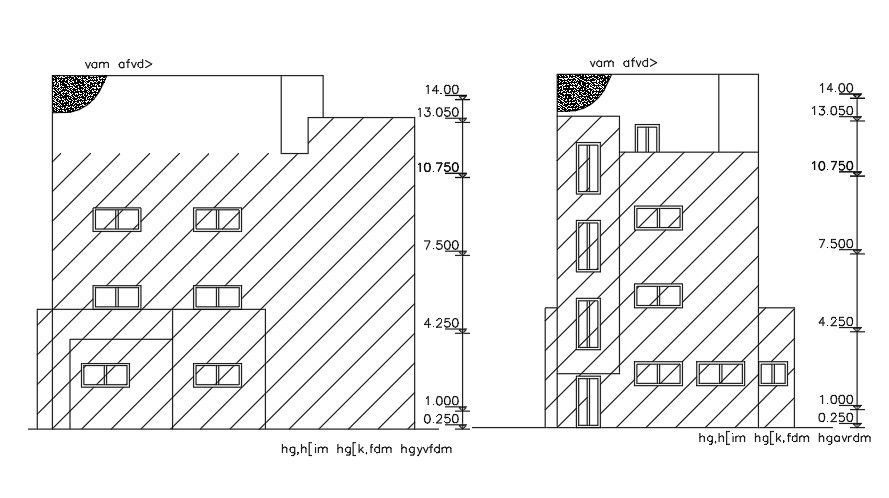 The left and front elevation view of the 16x8m house building AutoCAD drawing