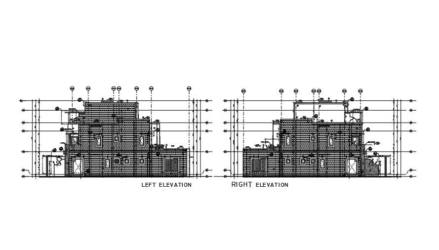 The left and right side elevation view of the 26x19m row house building
