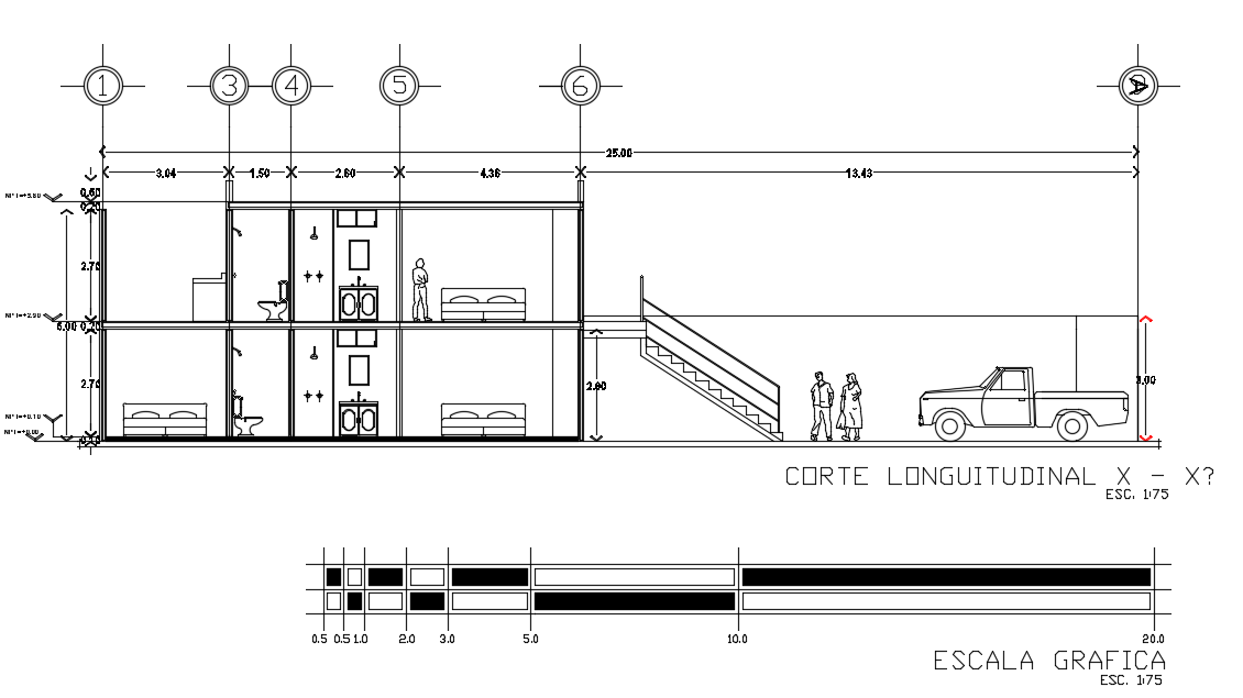 The left right section view of the 12x25m apartment ground and first floor