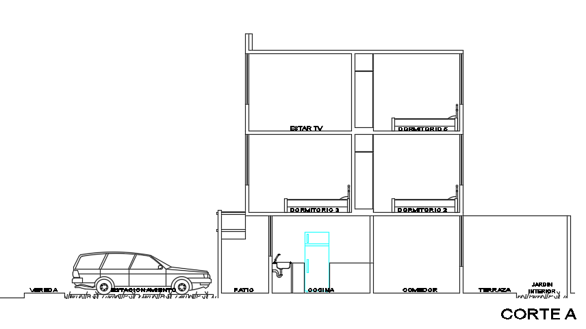 The left section view of the 9x15m house building 2d cad drawing file