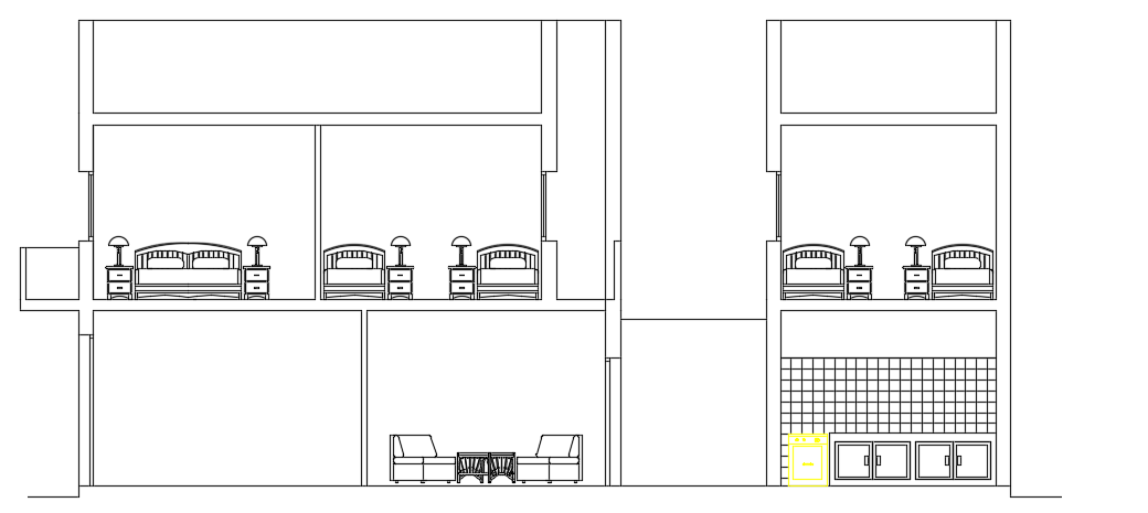 The left side and back side section view 6x16m house building AutoCAD drawing
