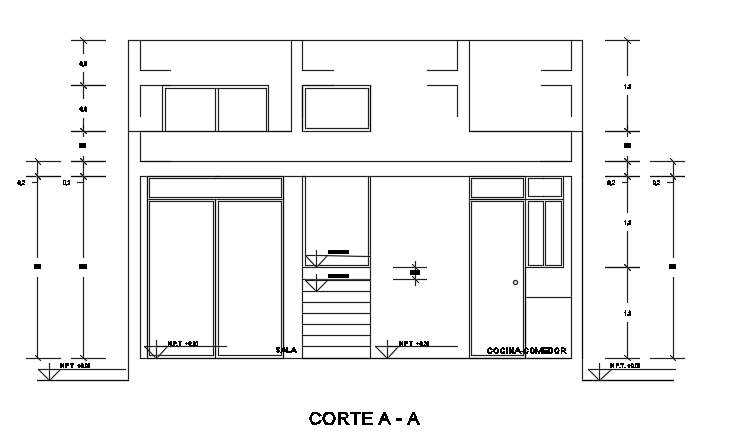 The left side cut section AA view of the 12x6m 3bhk house building CAD drawing