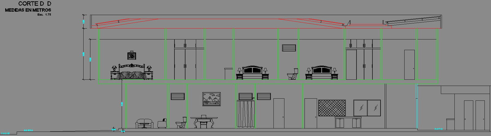 The left side cut section DD view of the 8x22m house building