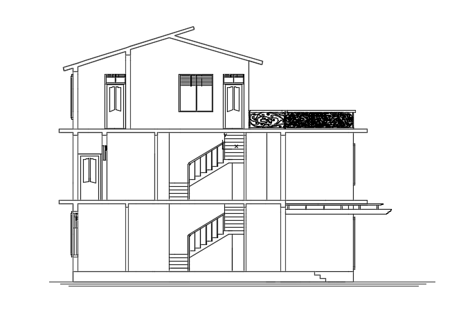 The left side cut section view of the 12x14m house building AutoCAD model