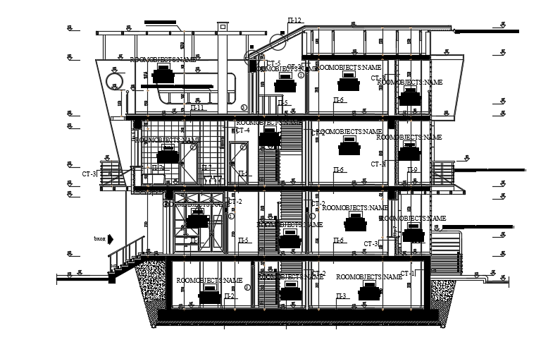 The left side cut section view of the 12x14m house building CAD model