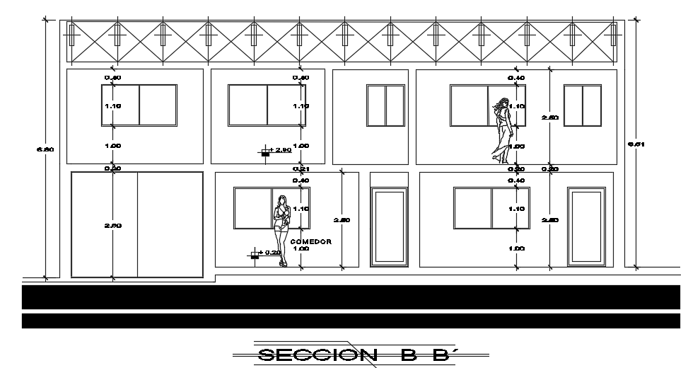The left side cut section view of the 12x15m residential house building AutoCAD drawing